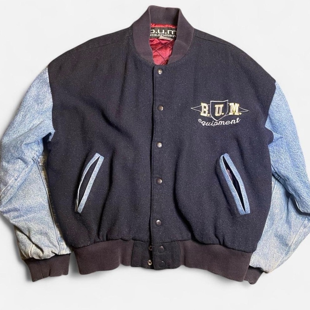 Vintage 90s B.U.M Equipment Navy Blue Varsity Jacket with Denim Sleeves Sz M